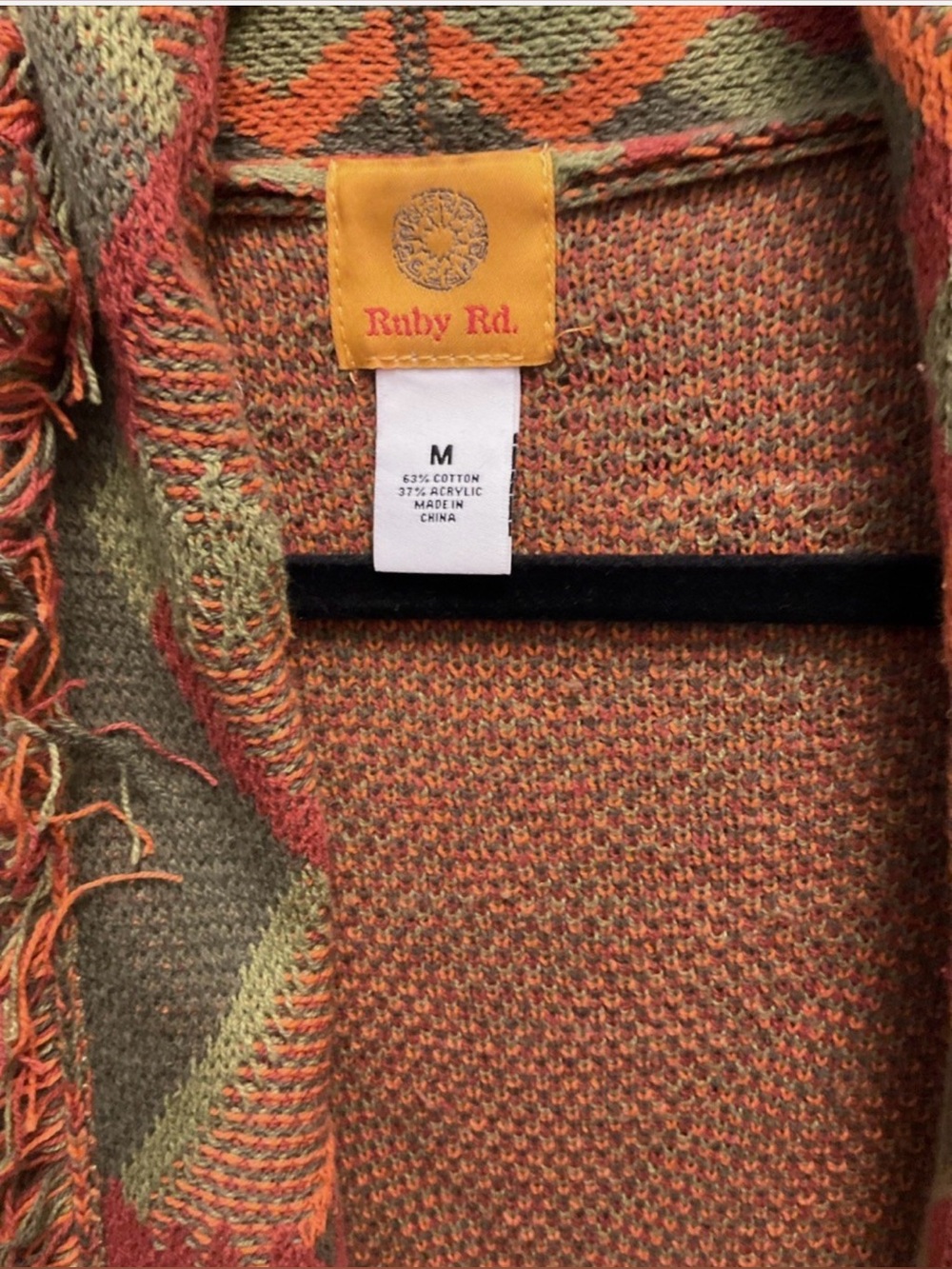 Ruby Rd. Olive, Rust & Orange Aztec Fringe Open Cardigan - Picture 3 of 5